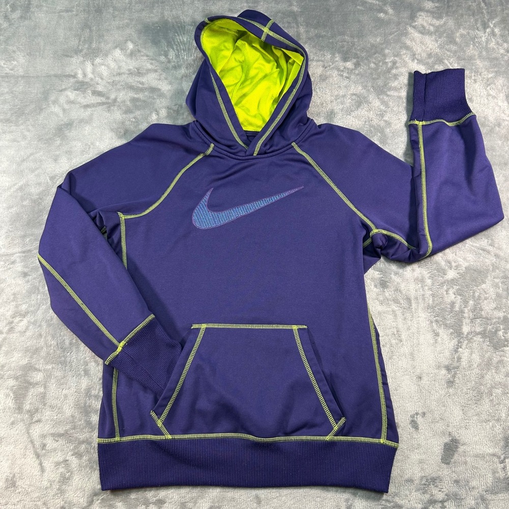 Nike‎ Therma Fit Purple Neon Yellow Stitch Hoodie Sweatshirt M Athletic
